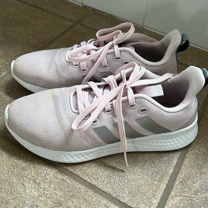 Pink Adidas tennis shoes with cloud foam comfort technology